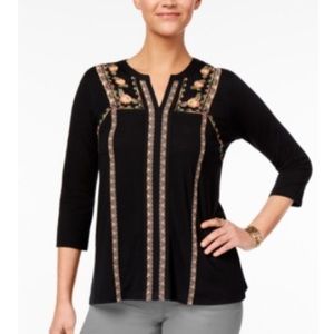 Style & Co Petite Embroidered Split-Neck Top